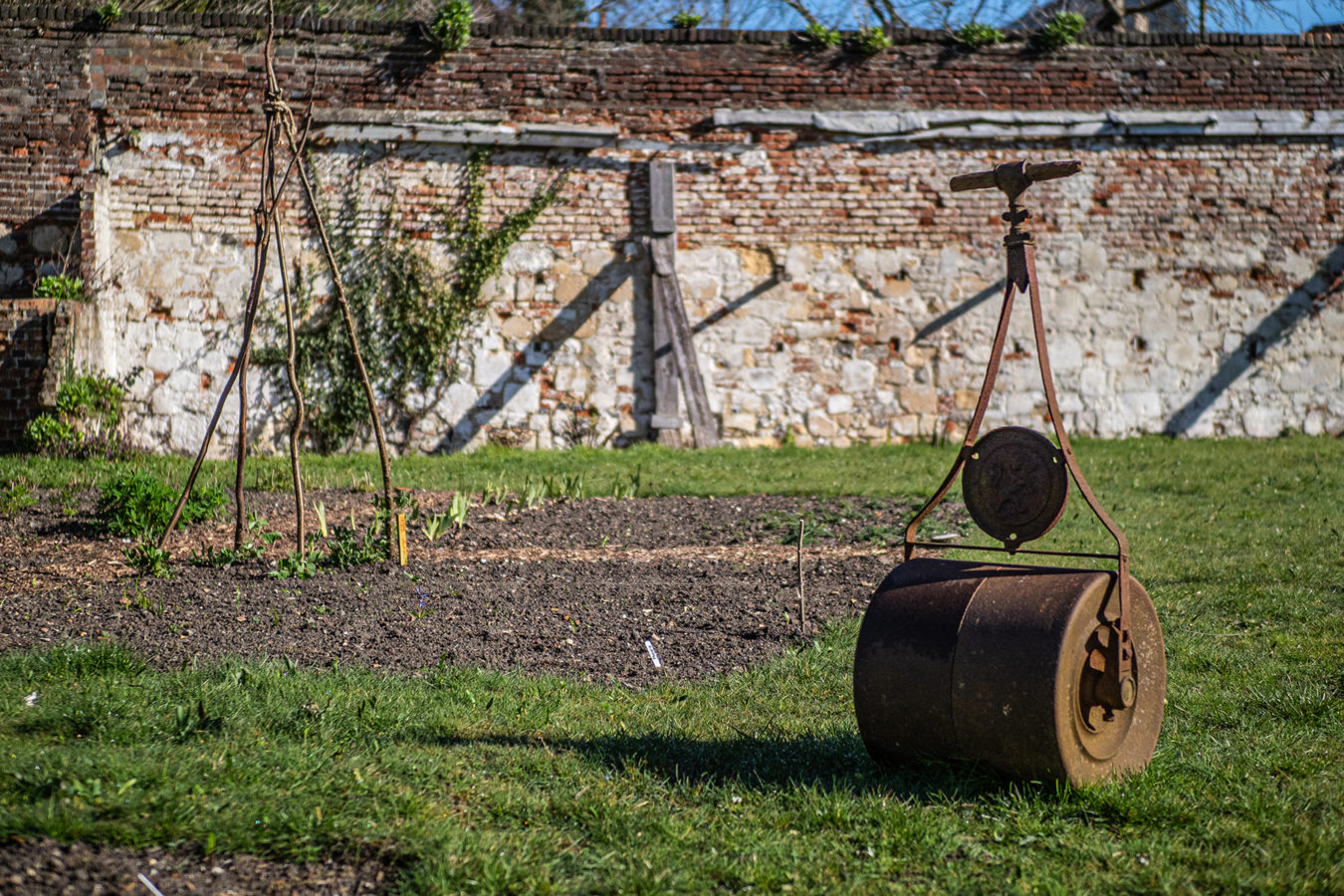 Vintage garden cast iron lawn roller with the Franciscan Gardens in the background